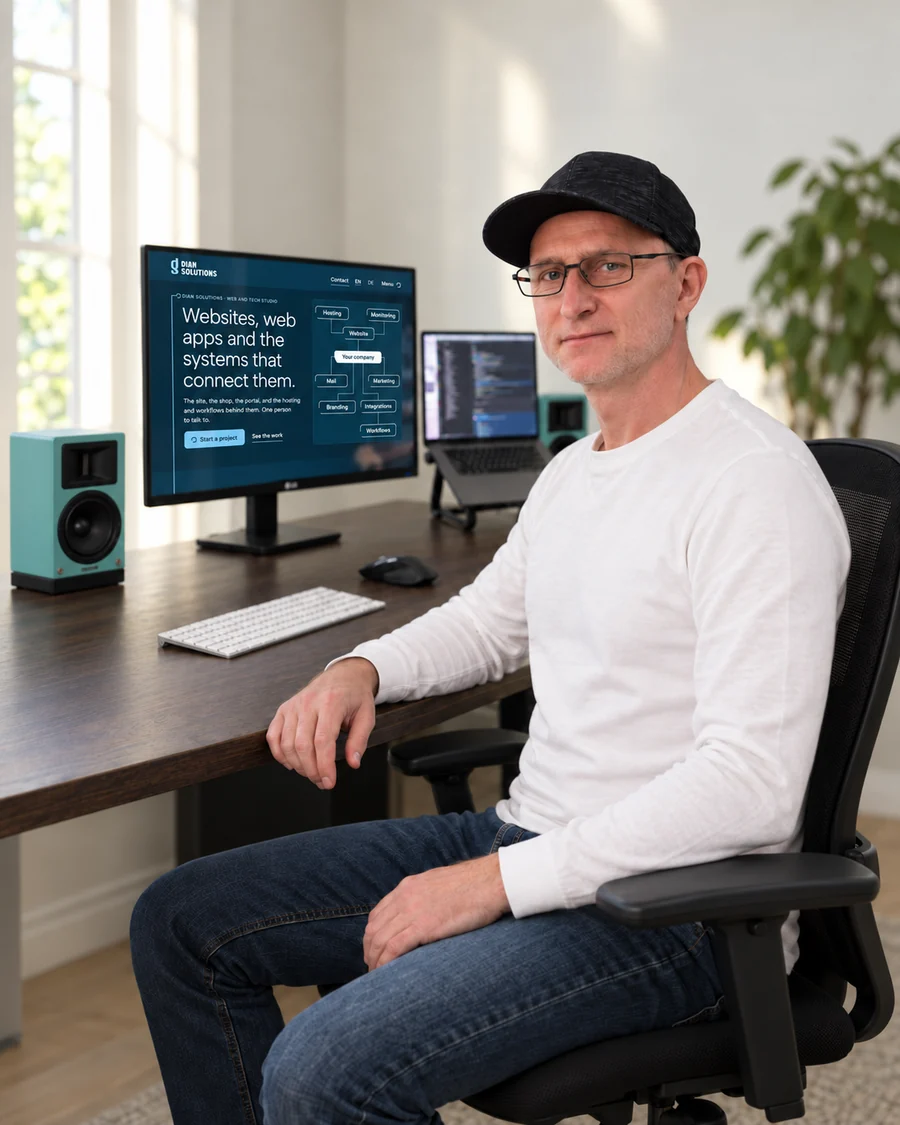 Chris Dian sitzt aufrecht mit einem leichten Lächeln an einem dunklen Holzschreibtisch und trägt eine Brille, eine dunkle Kappe, ein weißes Langarmshirt und Jeans; der Hauptmonitor zeigt die Website von Dian Solutions neben einem Laptop und zwei türkisfarbenen Lautsprechern.