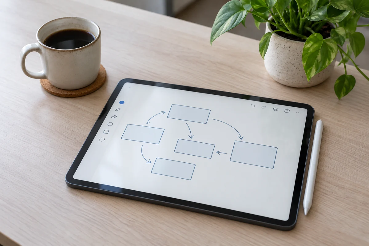 Ein Tablet mit einem digitalen Ablaufdiagramm, dazu ein Eingabestift, Kaffee und eine Pflanze auf einem hellen Holztisch.