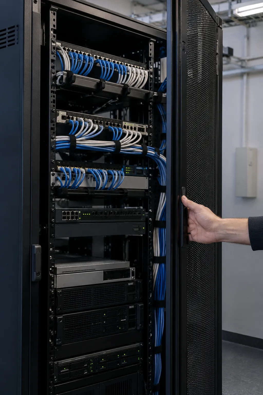 Eine Hand hält die Tür eines geöffneten Serverschranks: Switches mit sauber gebündelten blauen und weißen Kabeln, darunter Server